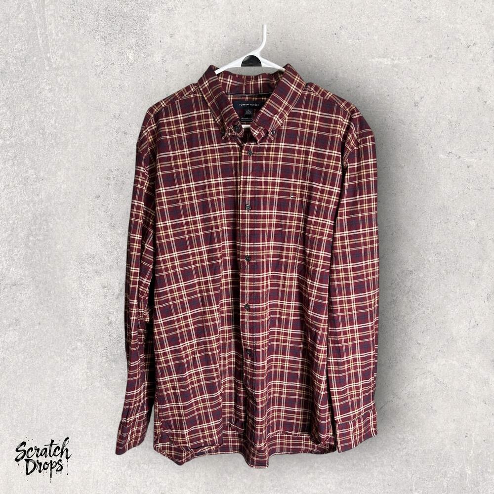 Tommy Hilfiger Red Plaid Shirt XL Men's Long Sleeve Button Down Casual Classic